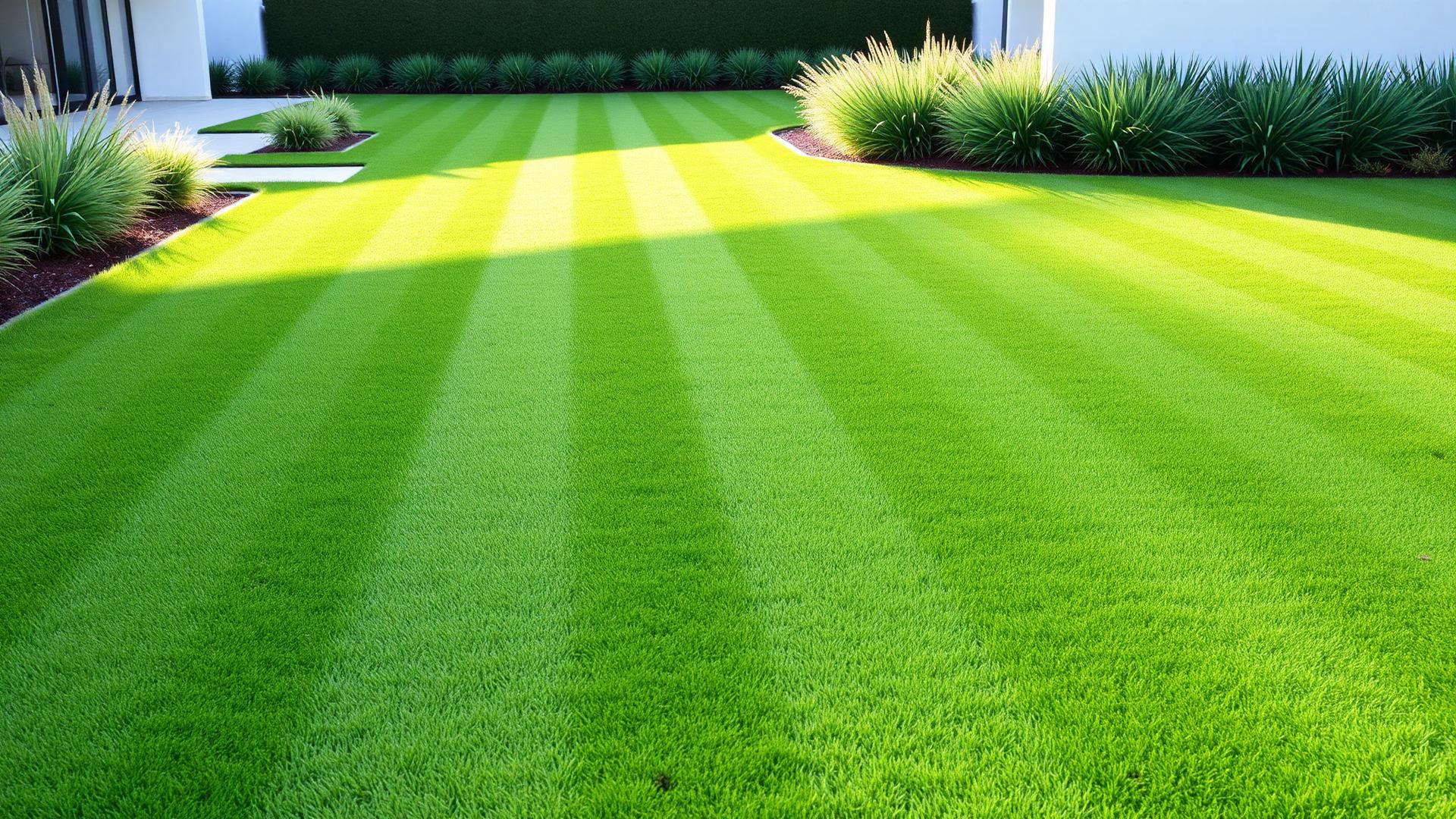 Strak gemaaide gazon met maaistrepen in een moderne tuin